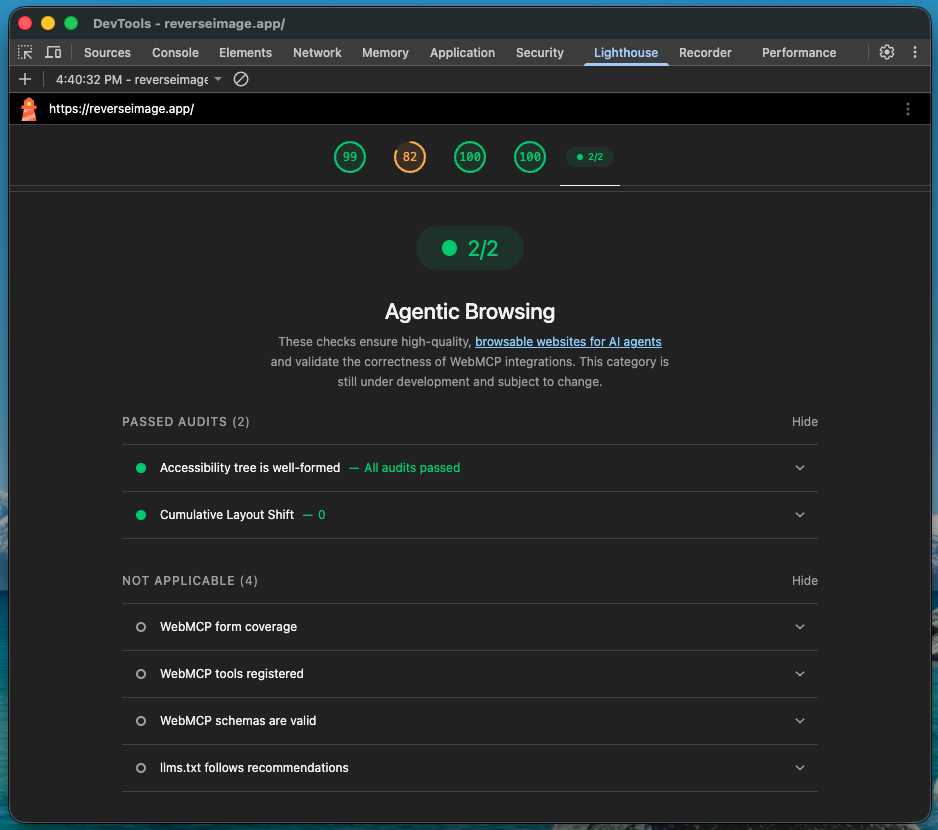 Lighthouse showing the new Agentic Browsing category scoring 2 out of 2 for reverseimage.app, with two passed audits and four not-applicable ones
